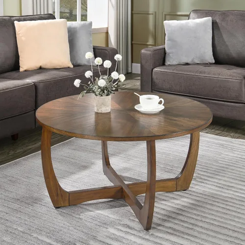 Vista 5 de Mesa de centro redonda de madera, mesas de centro de madera maciza para sala de estar, mesa de centro moderna de mediados de siglo con patas