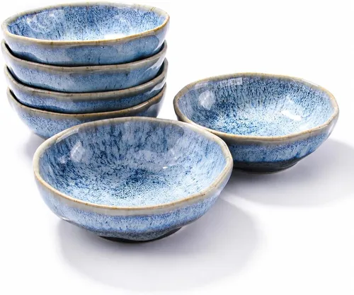 Vista 10 de Juego de 6 cuencos de cerámica para inmersión de 3.7 pulgadas, mini cuencos de porcelana de 3.7 pulgadas, moldes ondulados azules esmaltados