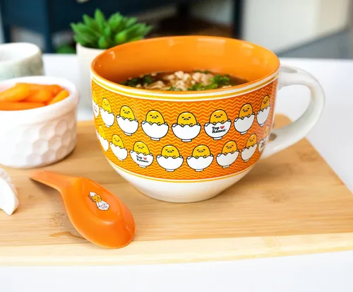 Vista 3 de Sanrio Gudetama x Nissin Top Ramen - Taza de sopa de cerámica de 24 onzas con cuchara Tazón para helado, cereales, avena Taza de café grande