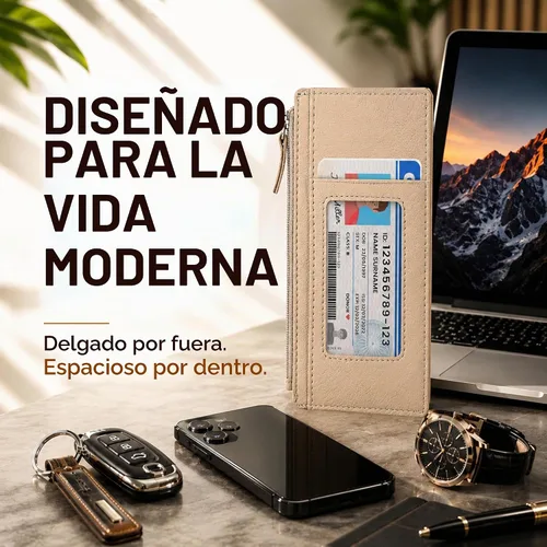 Vista 5 de Leatherboss - Funda para tarjetas todo en uno, cartera delgada con correa de protección para tarjetas, Beige, Cartera con tarjetero
