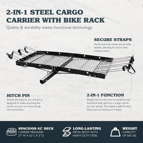 Vista 2 de Tow Tuff Portaequipajes de acero de 62 pulgadas con portabicicletas, capacidad de 500 libras, color negro, soporte de enganche trasero 2 en 1