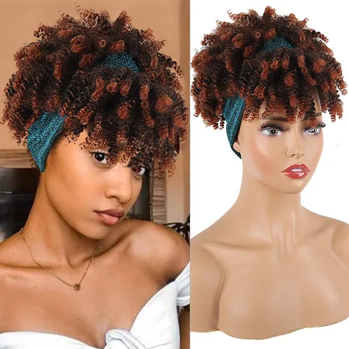 Vista 25 de Aisaide Peluca de Diadema Afro Rizada Crespa, Pelucas Afro Negras Cortas para Mujeres Negras, Peluca Sintética Rizada Crespa con Diadema y Flequillo