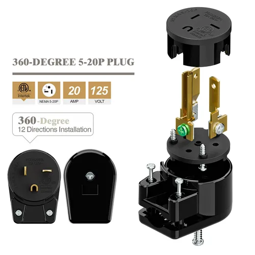 Vista 5 de Enchufe de CA macho de 3 clavijas de EE. UU., ángulo recto, ETL Nema 5-20P, 3 polos rewirable, 20A 125V USA 3Pin Conector de CA, enchufe giratorio
