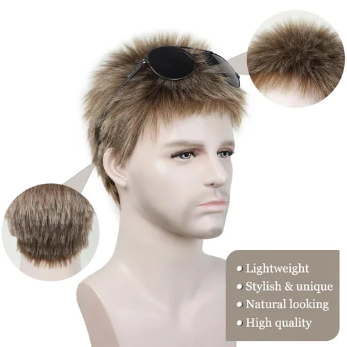 Vista 6 de SEVENCOLORS Peluca corta para hombre, pelucas rubias mixtas para hombres, cabello natural, sintético, cosplay, Halloween, disfraz, pelucas