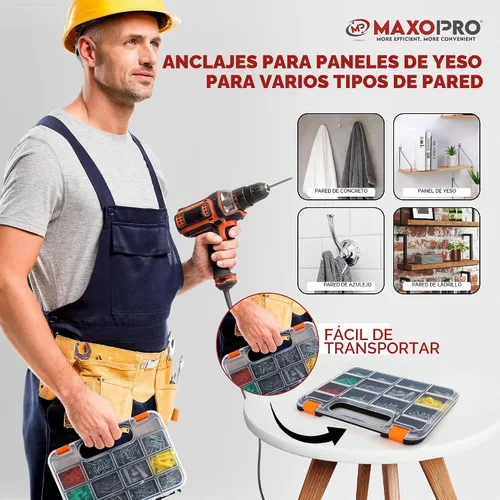 Vista 7 de Kit de anclajes y tornillos para paneles de yeso - Kit de anclajes de pared secos de plástico de 370 piezas - Anclajes de pared y tornillos