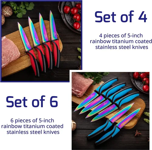 Vista 4 de SiliSlick Juego de cuchillos para carne de acero inoxidable, cuchillos de cocina coloridos con revestimiento de titanio con borde recto, suave