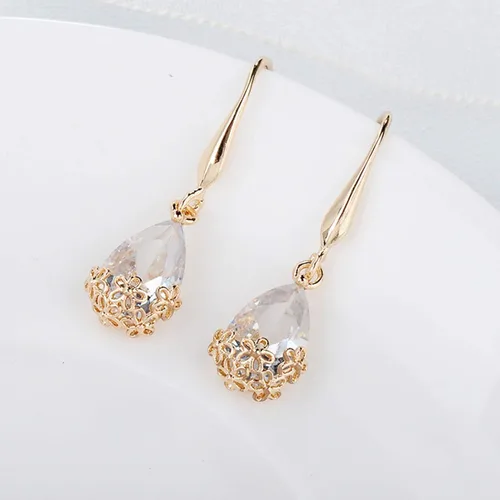 Vista 4 de Pendientes de aro con forma de gota y colgante, diseño vintage de gota de agua floral de metal con incrustaciones de circonita cúbica, joyería
