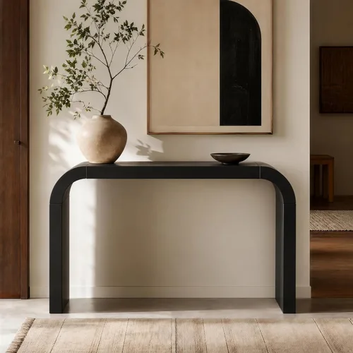 Vista 45 de 50" Modern Art Sculptural Console Table, Oval Cutout Legs, Wood Veneer, Thick Rounded Tabletop, Contemporary Entryway Sofa Table for Living Room