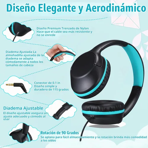 Vista 2 de POWMEE - Auriculares de diadema para niños/adolescentes/escuela con volumen limitado a 94dB, ajustables, estéreo, conector de 3.5mm, cable con Negro