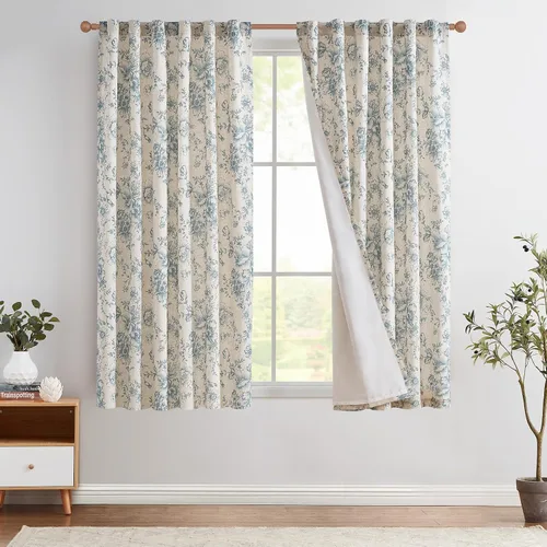 Vista 45 de Jinchan Cortinas de Mezcla de Lino con Estampado Floral para Sala de Estar, 84 Pulgadas de Largo, Cortinas con Bolsillo para Varilla y Tab Trasera