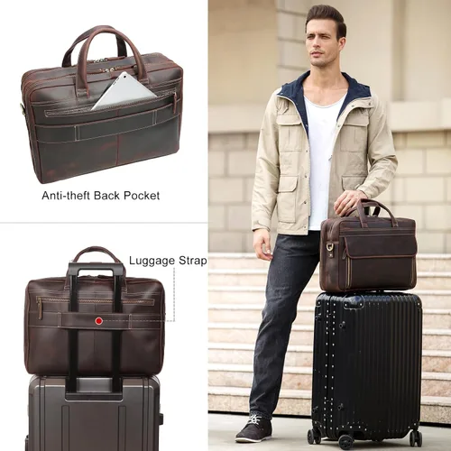 Vista 2 de TIDING Maletín de cuero para hombres 17 pulgadas portátil Messenger Bag Office Work Business Bolsa de hombro bolsa de fijación