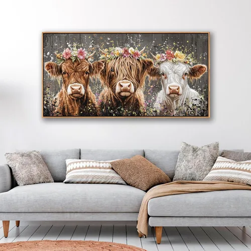 Vista 4 de AJAZIKO Arte de Pared de Vaca de las Tierras Altas - Decoración de Pared de Granja y Campo Rústico, Cuadros Grandes en Lienzo para Sala de Estar