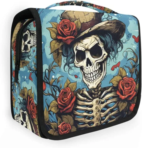 Vista 17 de MNSRUU Neceser colgante con diseño de calavera y girasol, bolsa de maquillaje de viaje para artículos de tocador, organizador de artículos