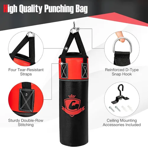 Vista 4 de GYMAX Saco de boxeo para niños, saco de boxeo prellenado con guantes de boxeo, envolturas de mano y bolsa de transporte, saco de boxeo pesado