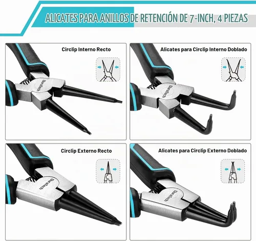 Vista 2 de DuraTech Juego de 4 piezas de alicates para anillos de retención, 7 pulgadas, kit de alicates para circlips internos y externos resistente