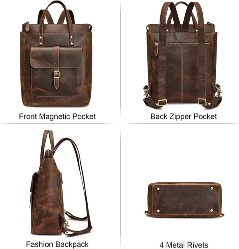 Vista 9 de S-ZONE Mochila de piel auténtica para mujer, con estilo retro, estilo vintage