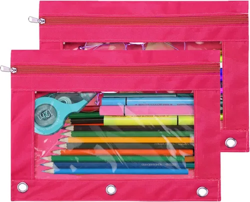 Vista 8 de Estuche para lápices con 3 anillas, con cremallera, estuche para cosméticos, color negro, paquete de 2