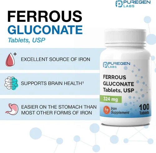 Vista 3 de Puregen Labs Gluconato Ferroso 324 mg [Alta Potencia] Suplemento de Hierro, Suave para el Estómago - 100 Tabletas