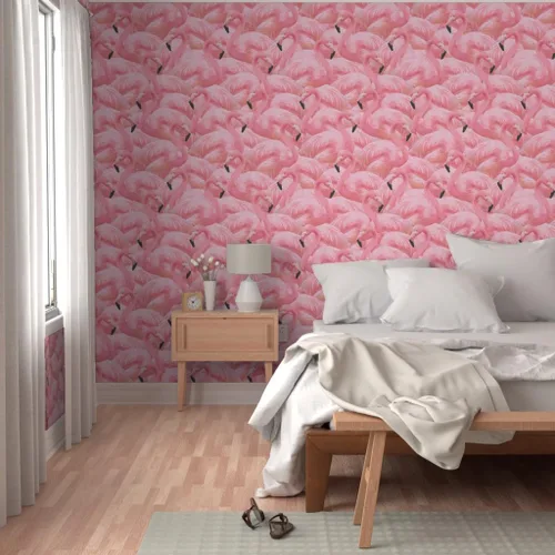 Vista 5 de Papel tapiz para despegar y pegar, flamenco, rosa, pájaros, flamencos, isla de flamencos, verano, retro, extraíble, por Spoonflower