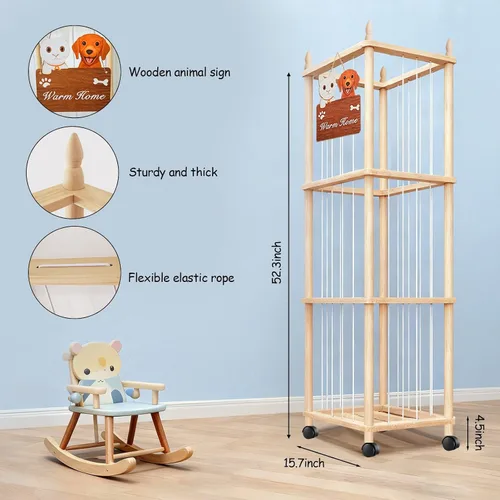 Vista 2 de Almacenamiento grande de animales de peluche con diseño de gato y perro, zoológico de animales de peluche de madera, soporte rodante para animales