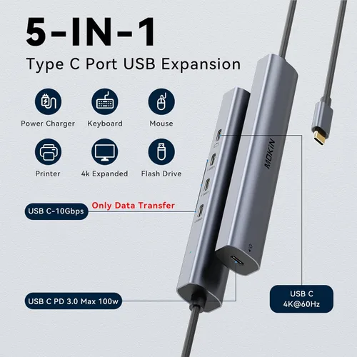 Vista 2 de Hub USB C de 10 Gbps, divisor USB C MOKiN con salida de video 4K a 60Hz, carga PD de 100 W, transferencia de datos, dongle multipuerto USB 4