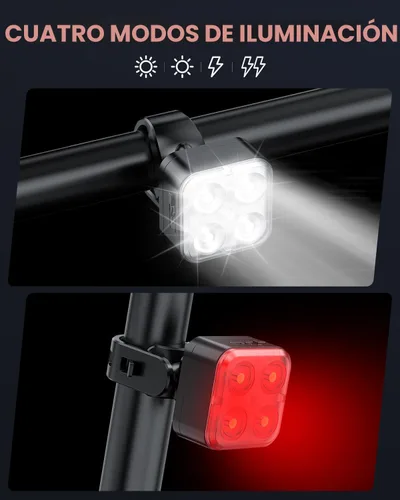 Vista 3 de Juego de luces de bicicleta Akale, luces recargables para bicicleta delanteras y traseras, 4 opciones de modo de luz, faro de bicicleta, resistencia