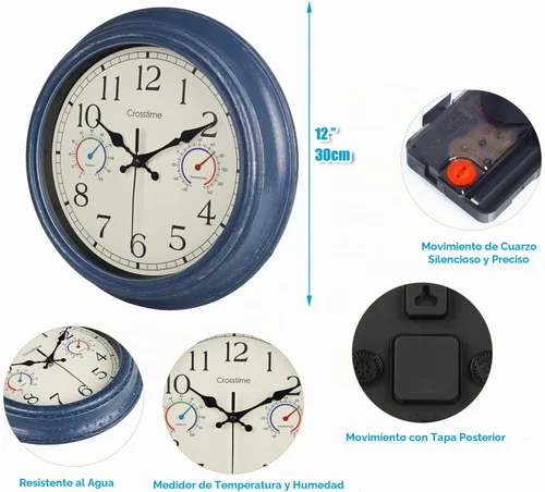 Vista 4 de Crosstime - Reloj de pared retro de 12 pulgadas para interiores y 12" azul