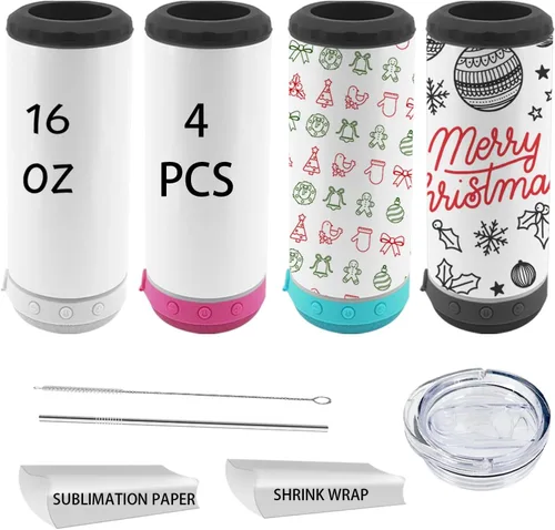 Vista 9 de Paquete de 4 vasos con altavoz musical de 20 onzas, taza de música recta con pajita, tapa, cepillo para pajilla, envoltura retráctil, taza de café