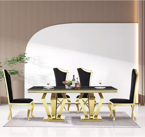 Vista 12 de ACEDÉCOR Juego de mesa de comedor para 4, mesa de comedor rectangular de 78 pulgadas con parte superior texturizada gris y base geométrica plateada