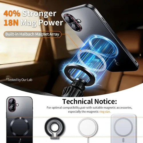 Vista 3 de Funda para iPhone 17, diseño delgado de alta resistencia compatible con MagSafe, fuerte protección magnética a prueba de golpes para pantalla y Negro