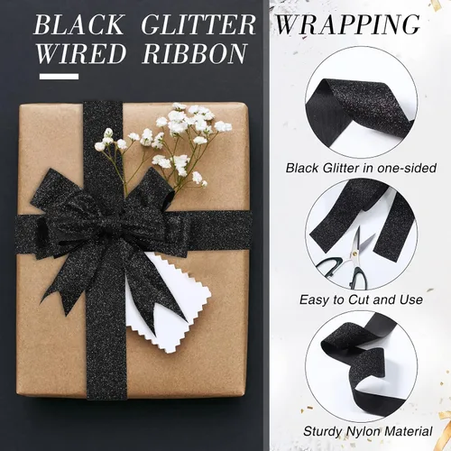 Vista 3 de LOYIM Cinta negra con purpurina de 20 yardas, cinta brillante con borde cortado para envolver regalos, manualidades, coronas, Navidad, árboles