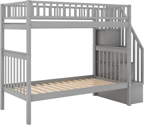 Vista 5 de Literas para niños con escalera, literas de madera maciza con barandilla completa Gris