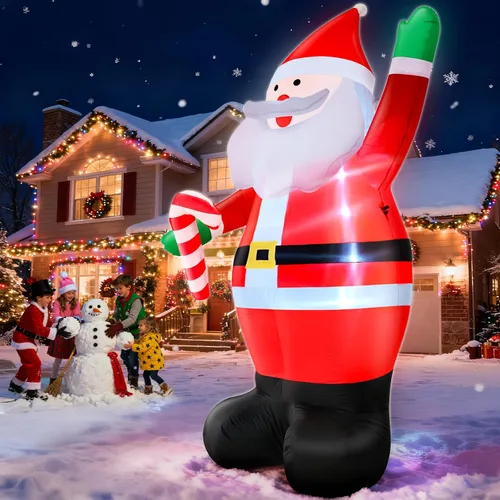 Vista 5 de Inflables gigantes de Navidad de 12 pies por 7 pies, decoraciones navideñas de Papá Noel para exteriores, Papá Noel inflable sostiene bastón