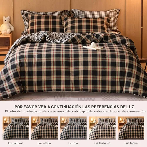 Vista 6 de Juego de edredón 100% algodón tamaño matrimonial, diseño reversible teñido de hilos a cuadros, suave algodón lavado en ambos lados, ropa de cama