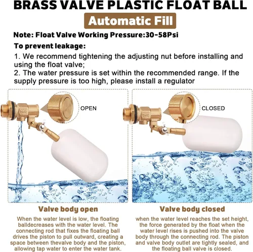 Vista 6 de Válvula de flotador de agua de 1/2 pulgada, válvula de bola flotante de latón con brazo ajustable, llenado automático y válvula de control de nivel