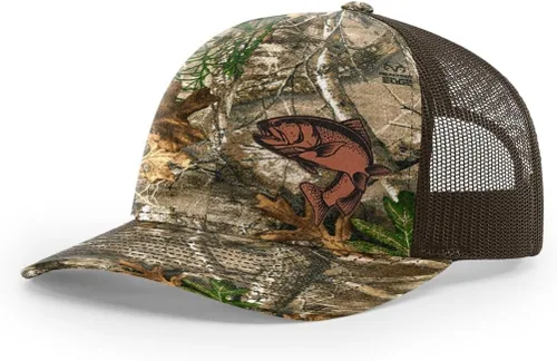 Vista 19 de Sombrero de pesca de trucha con parche de cuero grabado láser Richardson 112 Snapback Trucker Cap