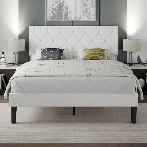 Vista 12 de VECELO Base de cama tamaño completo con cabecera capitoné con botones, plataforma tapizada con soporte de listones de madera, no necesita somier