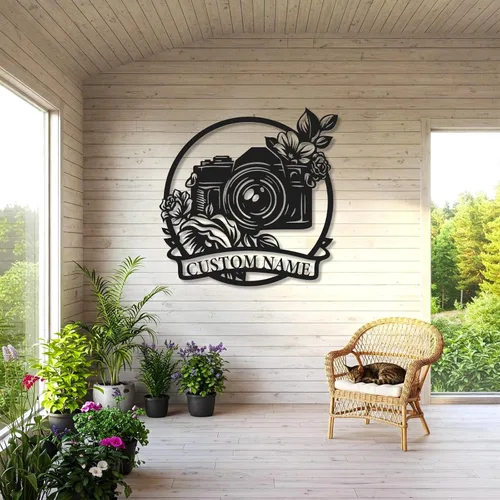 Vista 3 de Letrero de metal personalizado para fotógrafo, arte de pared de hierro para cámara y niña con cámara, decoración única con temática de fotografía