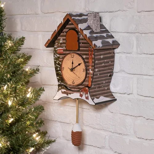 Vista 2 de Mark Feldstein Snowy Cabin Singing Cardinal - Reloj de cuco navideño con sonido de pared, 14 x 10 pulgadas