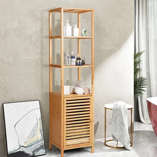 Vista 2 de LOKO Gabinete alto de bambú, gabinete de almacenamiento estrecho para baño con estantes de 3 niveles y puerta de obturador, gabinete de torre