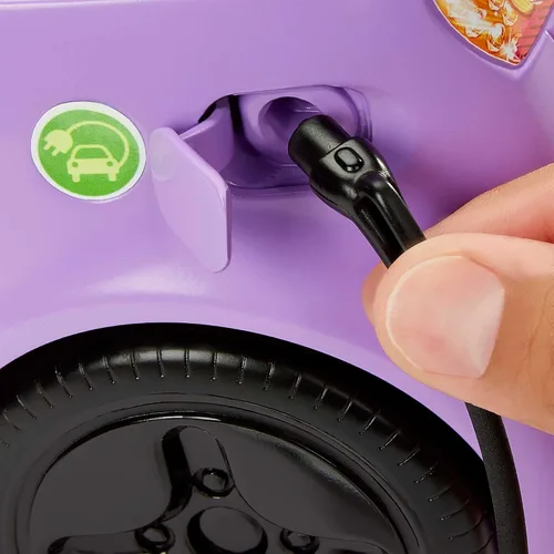 Vista 5 de Accesorios para Muñeca Barbie, Vehículo Eléctrico de Juguete con Estación de Carga, Enchufe y Techo Solar, Vehículo Convertible Morado de 2 Asientos
