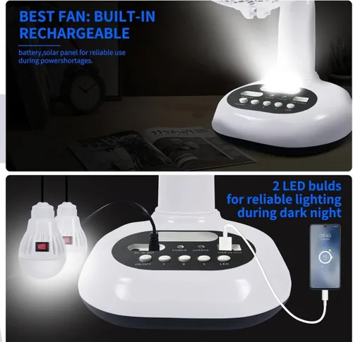 Vista 8 de Ventilador recargable VENTO con panel solar, puerto USB, luz LED nocturna y 2 bombillas gratis. Refrigeración ecológica