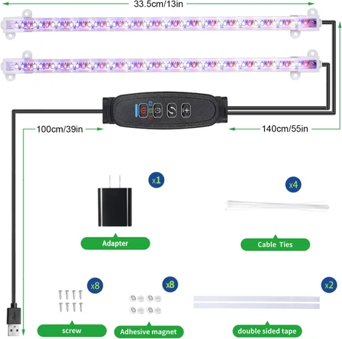 Vista 7 de RWNTAO Lámpara de cultivo de dos tiras para plantas de interior, tiras de luz LED de espectro completo rojo, azul y amarillo, con temporizador