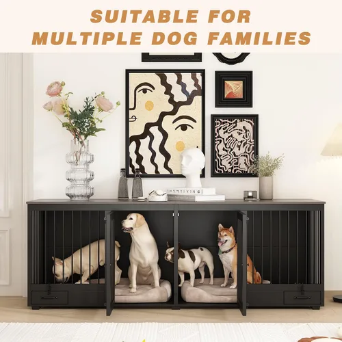Vista 5 de Mueble estilo jaula para perros grande para 2 perros, perrera de madera resistente de 86.6" con cajones y divisor para comedero de perros, perrera