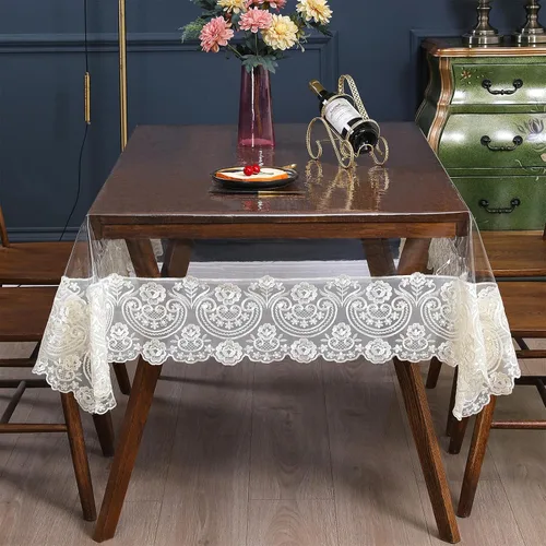 Vista 11 de Mantel rectangular de plástico transparente de vinilo impermeable, borde de encaje bordado, mantel transparente para comedor, cocina al aire libre