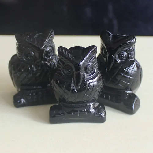 Vista 3 de Figura de búho de cristal tallada a mano de 1.5 pulgadas (obsidiana negra)