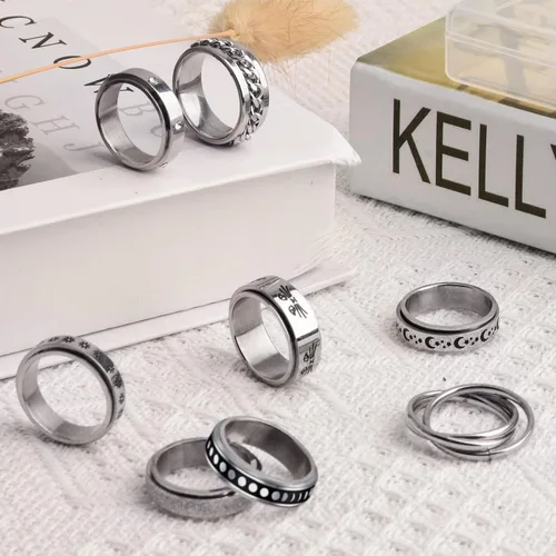 Vista 6 de BiCINE Anillo para la ansiedad para mujeres y hombres 8 unidades anillos para la ansiedad de acero inoxidable anti ansiedad anillos giratorios