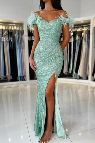 Vista 2 de Vestido de fiesta de lentejuelas de sirena con plumas y hombros descubiertos, vestidos de noche brillantes, vestidos de noche largos y formales
