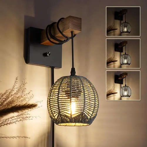 Vista 13 de N12-3 Aplique de pared de ratán bohemio de dos luces, accesorios de tocador para espejo, pantalla tejida en cruz y lámpara de pared cableada