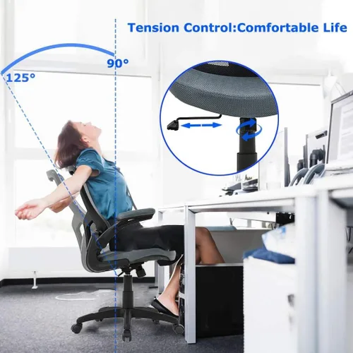 Vista 5 de Silla de oficina de malla, silla de computadora de respaldo medio con soporte lumbar y brazos abatibles, ergonómica, elegante, ajustable, giratoria